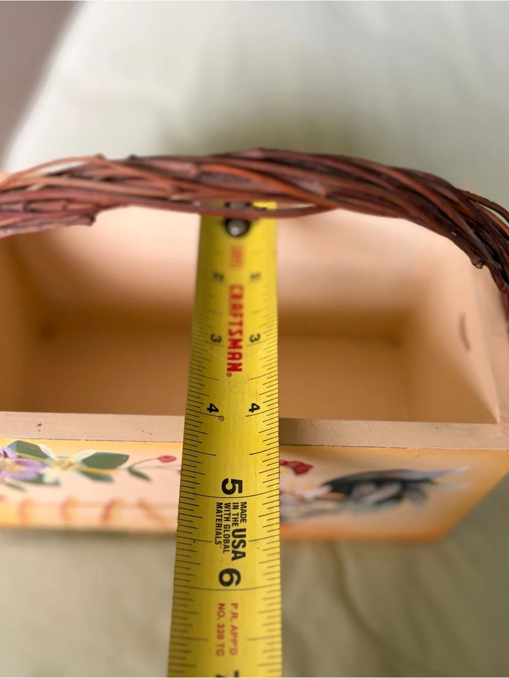 Vintage Hand-Painted Rooster Rectangular Storage Bin Basket Eith Woven Handle